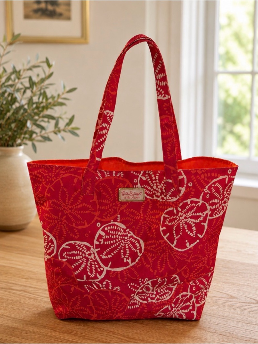 Lilly Pulitzer for Estée Lauder  Red Tote with tropical-inspired print